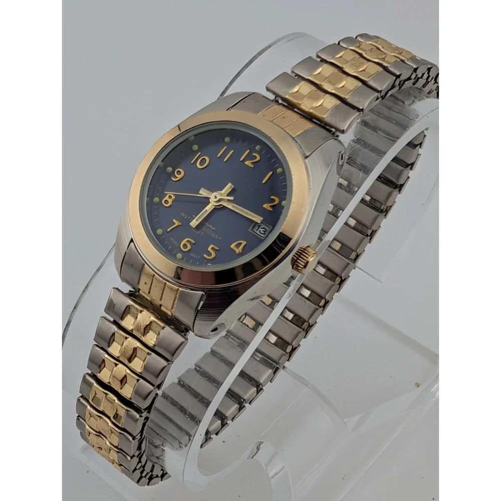 White Stag Watch Women 26mm Case Blue Dial Two Tone Stretch Band- New‎ Battery